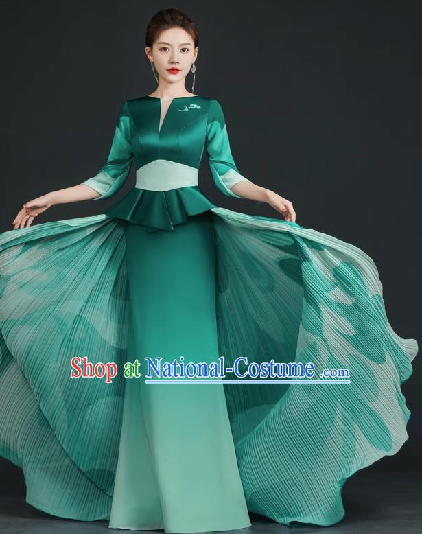 China Style Top Catwalk Evening Dress Trailing Long Model Team Stage Performance Clothing Art Test Dress Green