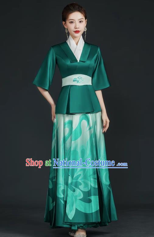 China Style Top Catwalk Evening Dress Trailing Long Model Team Stage Performance Clothing Art Test Dress Green