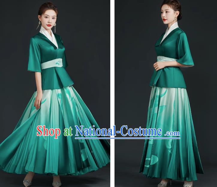 China Style Top Catwalk Evening Dress Trailing Long Model Team Stage Performance Clothing Art Test Dress Green