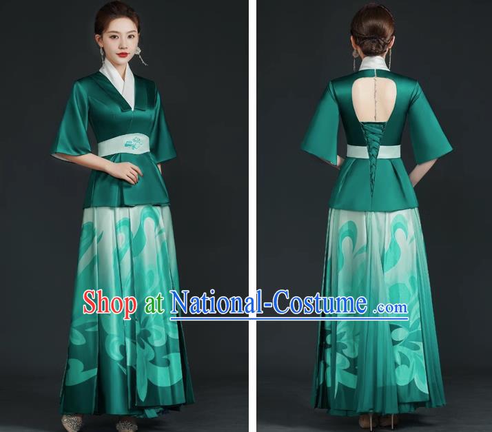 China Style Top Catwalk Evening Dress Trailing Long Model Team Stage Performance Clothing Art Test Dress Green