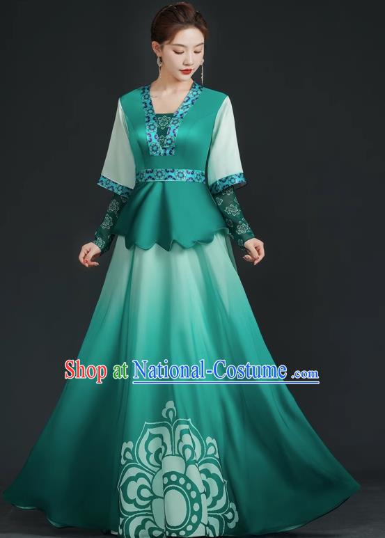 China Style Top Catwalk Evening Dress Trailing Long Model Team Stage Performance Clothing Art Test Dress Green