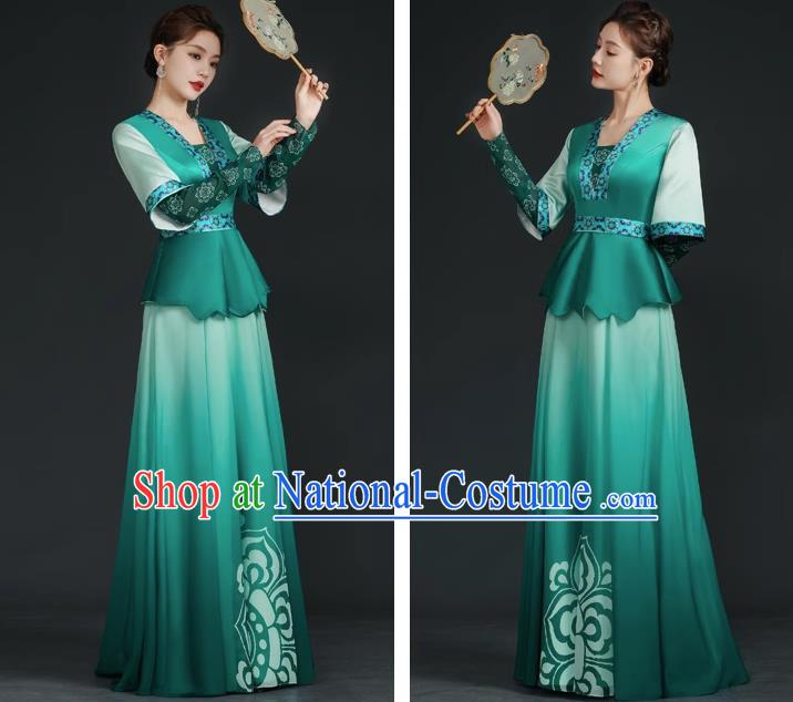 China Style Top Catwalk Evening Dress Trailing Long Model Team Stage Performance Clothing Art Test Dress Green