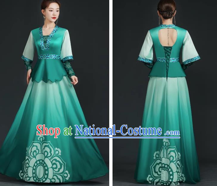 China Style Top Catwalk Evening Dress Trailing Long Model Team Stage Performance Clothing Art Test Dress Green