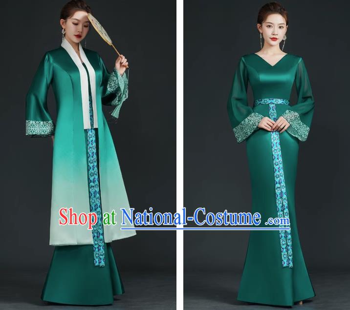 China Style Top Catwalk Evening Dress Trailing Long Model Team Stage Performance Clothing Art Test Dress Green