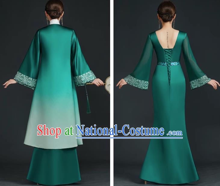 China Style Top Catwalk Evening Dress Trailing Long Model Team Stage Performance Clothing Art Test Dress Green