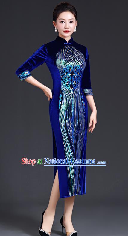 Chinese Style Sapphire Blue Catwalk Cheongsam Long Three Quarter Sleeve Velvet Mother Model Team Costume