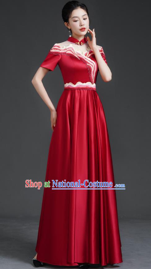 Chinese Banquet Evening Dress Choir Stage Model Catwalk Costume Wine Red