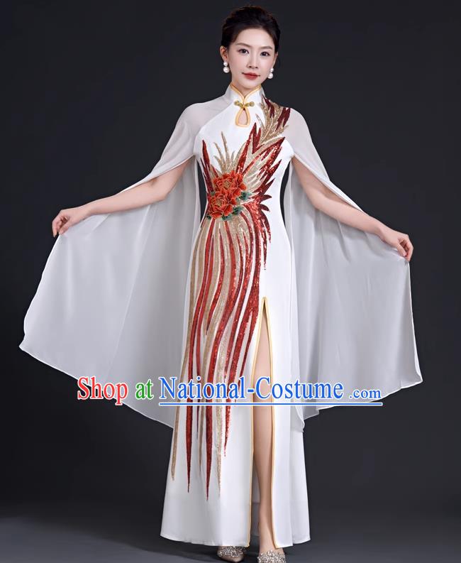 Chinese Style Top Evening Dress Mermaid Long Model Team Stage Catwalk Costume Cheongsam White