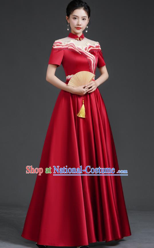 Chinese Banquet Evening Dress Choir Stage Model Catwalk Costume Wine Red