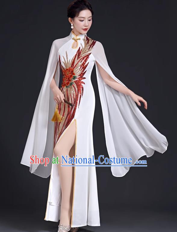 Chinese Style Top Evening Dress Mermaid Long Model Team Stage Catwalk Costume Cheongsam White