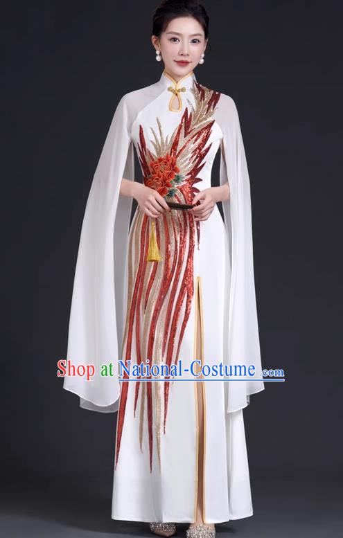 Chinese Style Top Evening Dress Mermaid Long Model Team Stage Catwalk Costume Cheongsam White