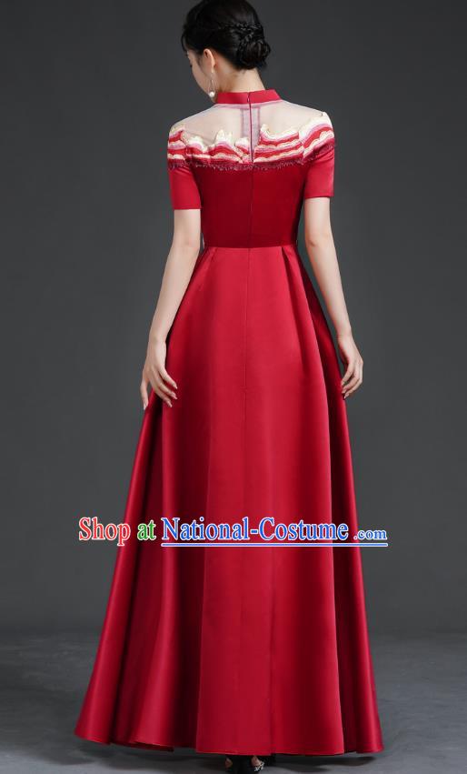 Chinese Banquet Evening Dress Choir Stage Model Catwalk Costume Wine Red