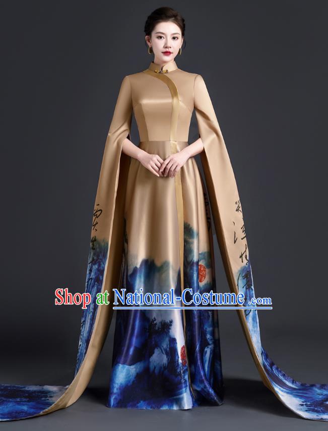 Chinese Style Top Atmospheric Model Catwalk Costumes Long Art Examination Cheongsam Dress Exaggerated Long Sleeved Host Clothing