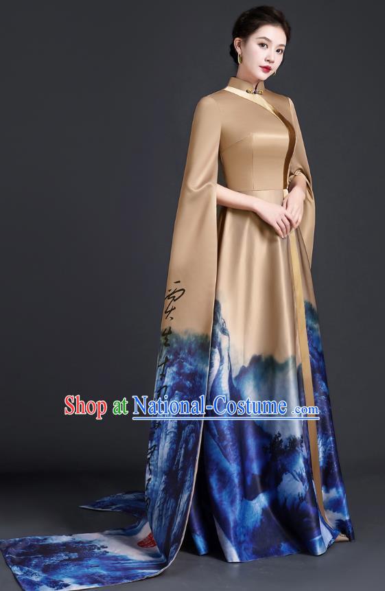 Chinese Style Top Atmospheric Model Catwalk Costumes Long Art Examination Cheongsam Dress Exaggerated Long Sleeved Host Clothing