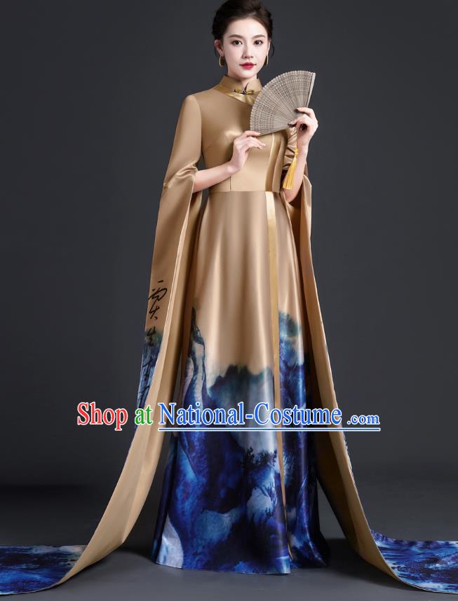 Chinese Style Top Atmospheric Model Catwalk Costumes Long Art Examination Cheongsam Dress Exaggerated Long Sleeved Host Clothing