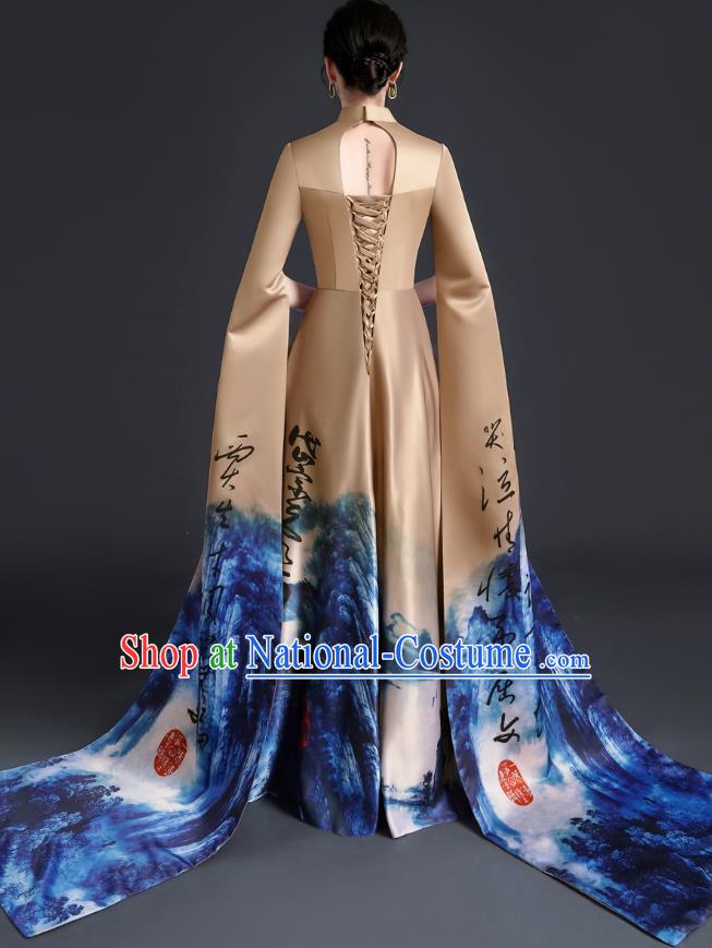 Chinese Style Top Atmospheric Model Catwalk Costumes Long Art Examination Cheongsam Dress Exaggerated Long Sleeved Host Clothing