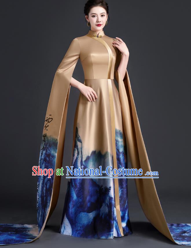 Chinese Style Top Atmospheric Model Catwalk Costumes Long Art Examination Cheongsam Dress Exaggerated Long Sleeved Host Clothing