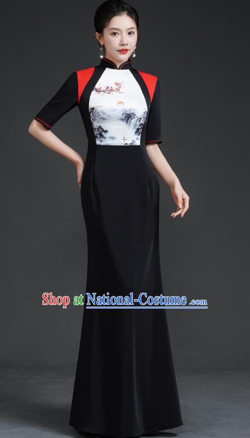 Chinese Catwalk Style Cheongsam Long Black Fishtail Slim Stage Performance Costume Banquet Evening Dress