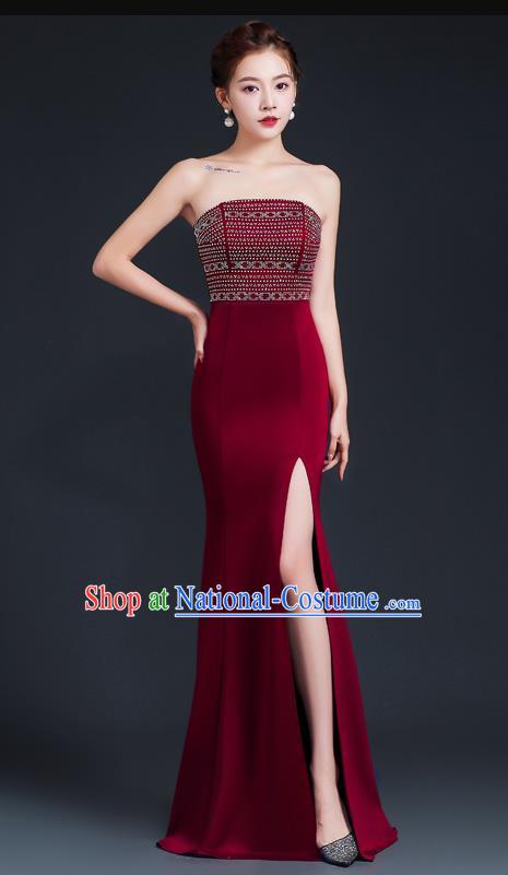 Sexy Wine Red Banquet Tube Top Evening Dress Women High Level Fishtail Dress Skirt