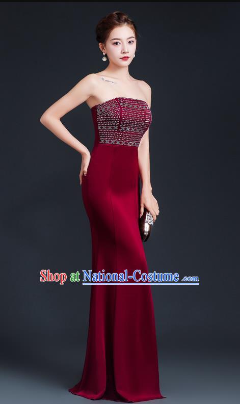 Sexy Wine Red Banquet Tube Top Evening Dress Women High Level Fishtail Dress Skirt