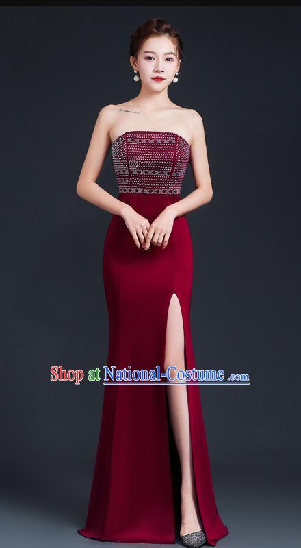 Sexy Wine Red Banquet Tube Top Evening Dress Women High Level Fishtail Dress Skirt