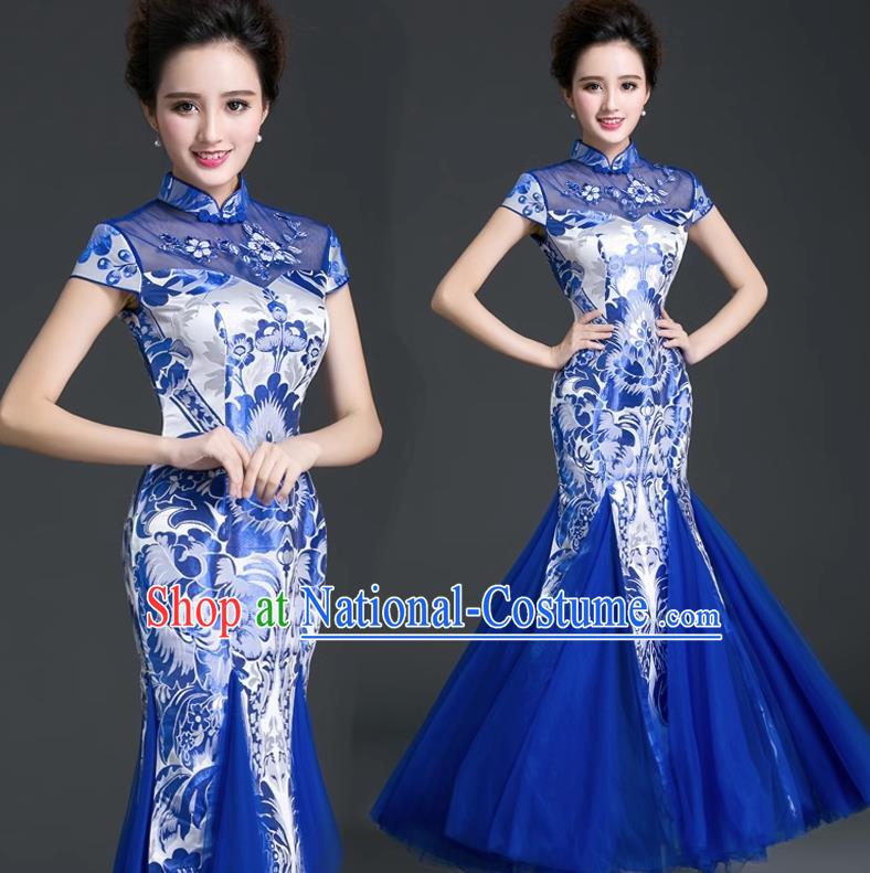 Chinese Style Cheongsam Evening Dress Long Fishtail Self Cultivation Annual Meeting Model Catwalk Costume Blue And White Porcelain