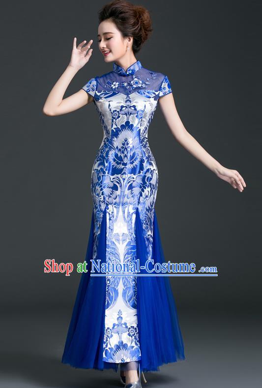 Chinese Style Cheongsam Evening Dress Long Fishtail Self Cultivation Annual Meeting Model Catwalk Costume Blue And White Porcelain