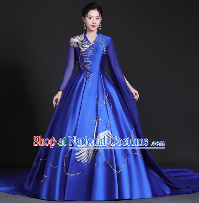 Chinese Style Top Trailing Evening Dress Model Catwalk Cheongsam Performance Costume Guzheng Playing Host Dress Blue