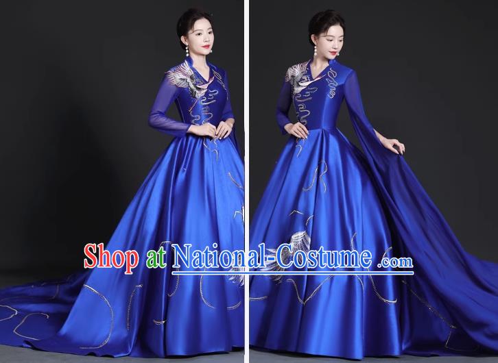 Chinese Style Top Trailing Evening Dress Model Catwalk Cheongsam Performance Costume Guzheng Playing Host Dress Blue