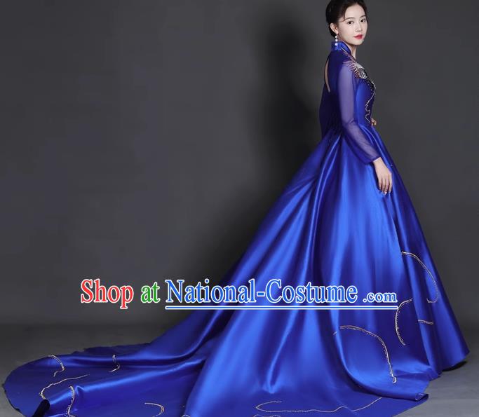 Chinese Style Top Trailing Evening Dress Model Catwalk Cheongsam Performance Costume Guzheng Playing Host Dress Blue