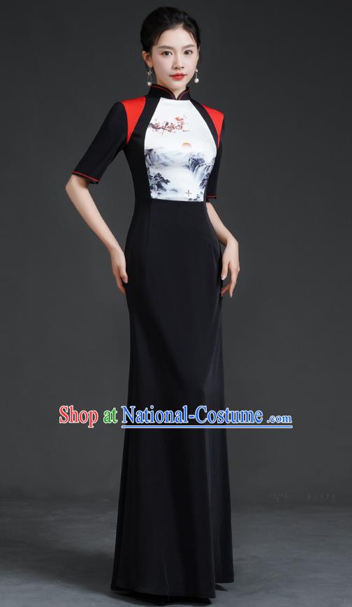 Chinese Catwalk Style Cheongsam Long Black Fishtail Slim Stage Performance Costume Banquet Evening Dress