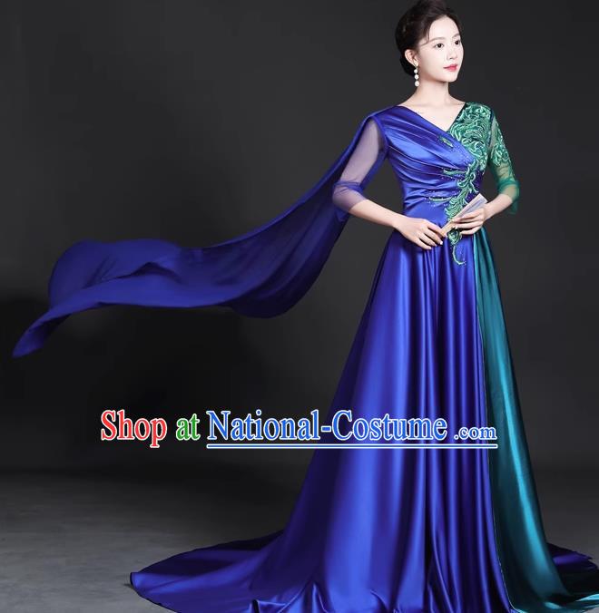 Chinese Style Top Trailing Evening Dress Model Catwalk Cheongsam Performance Costume Guzheng Playing Host Dress Blue