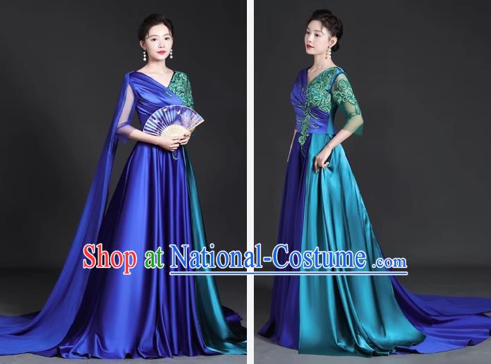 Chinese Style Top Trailing Evening Dress Model Catwalk Cheongsam Performance Costume Guzheng Playing Host Dress Blue