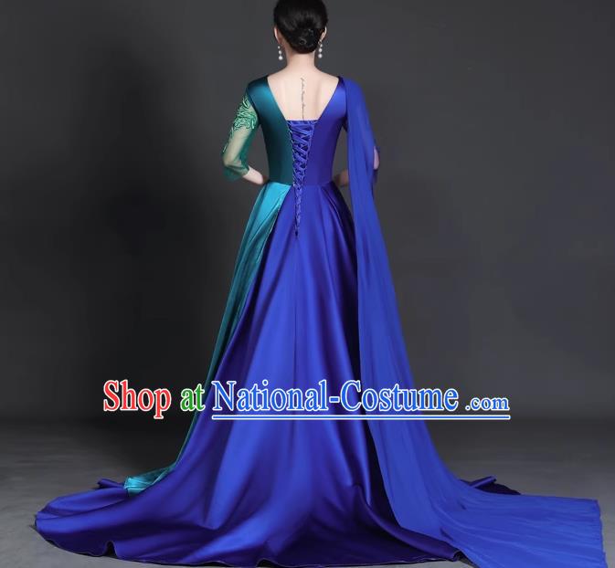 Chinese Style Top Trailing Evening Dress Model Catwalk Cheongsam Performance Costume Guzheng Playing Host Dress Blue