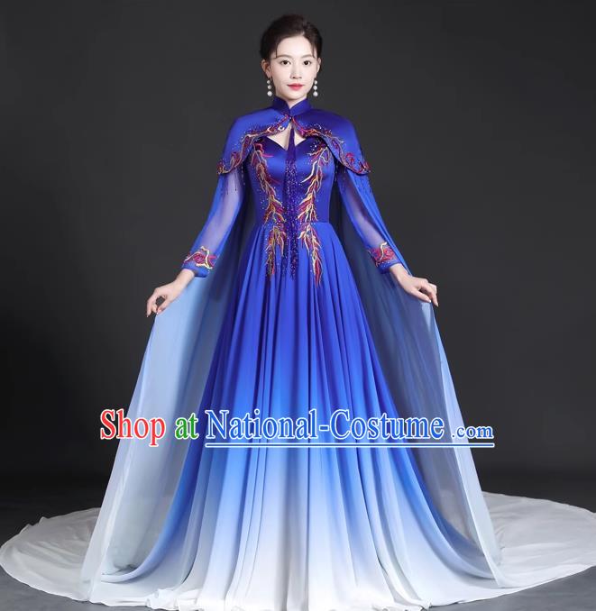 Chinese Style Top Trailing Evening Dress Model Catwalk Cheongsam Performance Costume Guzheng Playing Host Dress Blue