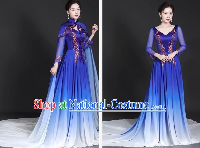 Chinese Style Top Trailing Evening Dress Model Catwalk Cheongsam Performance Costume Guzheng Playing Host Dress Blue