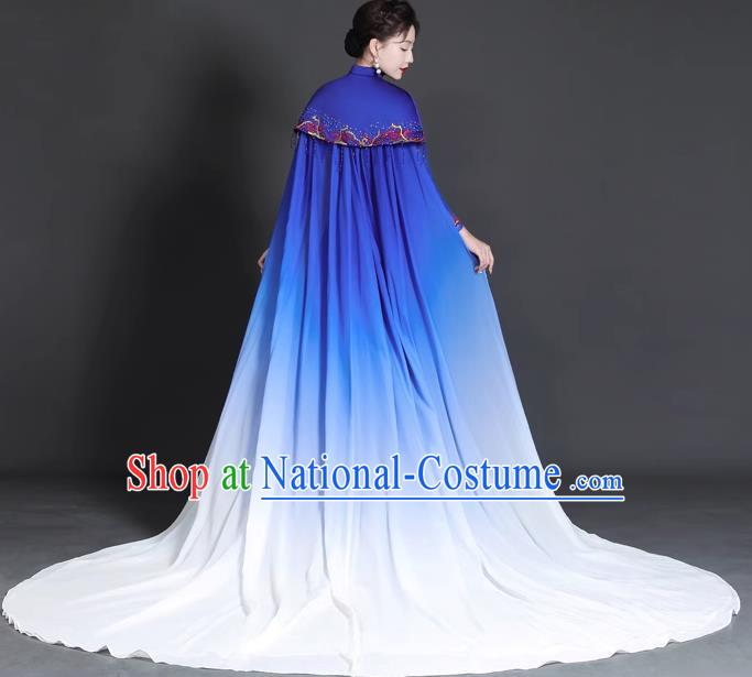 Chinese Style Top Trailing Evening Dress Model Catwalk Cheongsam Performance Costume Guzheng Playing Host Dress Blue