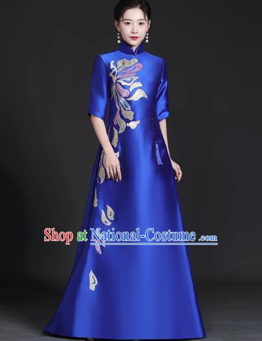 Chinese Style Top Trailing Evening Dress Model Catwalk Cheongsam Performance Costume Guzheng Playing Host Dress Blue