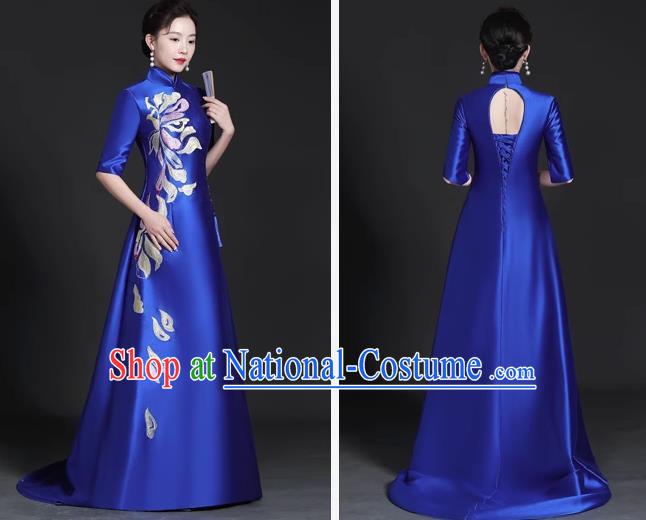 Chinese Style Top Trailing Evening Dress Model Catwalk Cheongsam Performance Costume Guzheng Playing Host Dress Blue