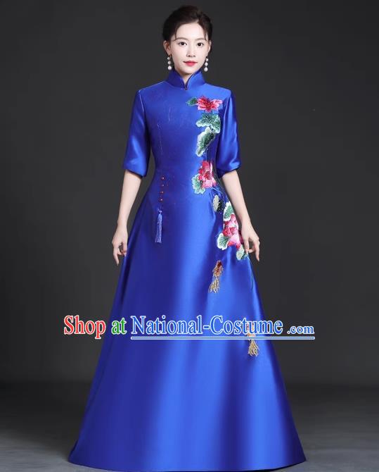 Chinese Style Top Trailing Evening Dress Model Catwalk Cheongsam Performance Costume Guzheng Playing Host Dress Blue