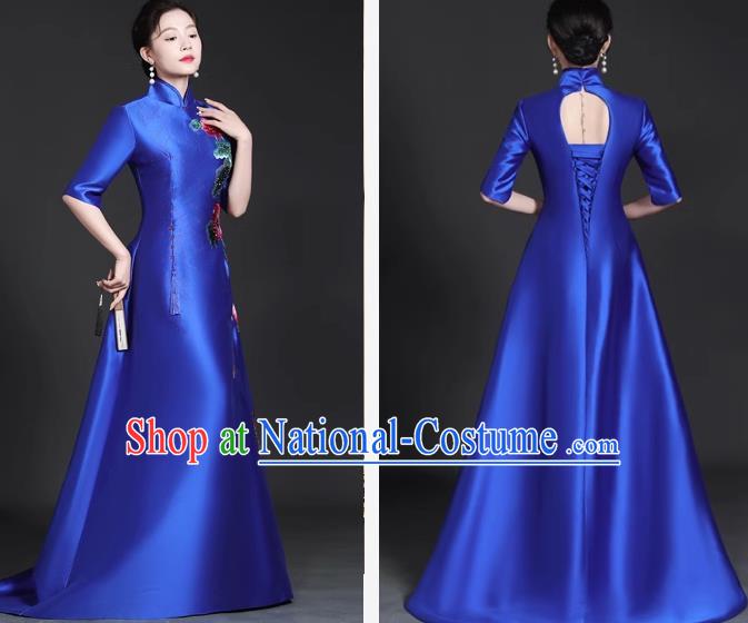 Chinese Style Top Trailing Evening Dress Model Catwalk Cheongsam Performance Costume Guzheng Playing Host Dress Blue