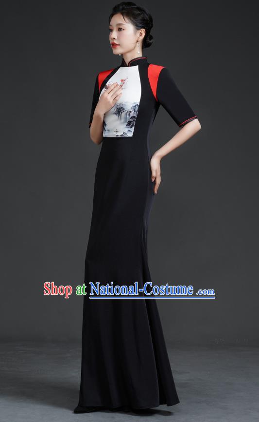 Chinese Catwalk Style Cheongsam Long Black Fishtail Slim Stage Performance Costume Banquet Evening Dress