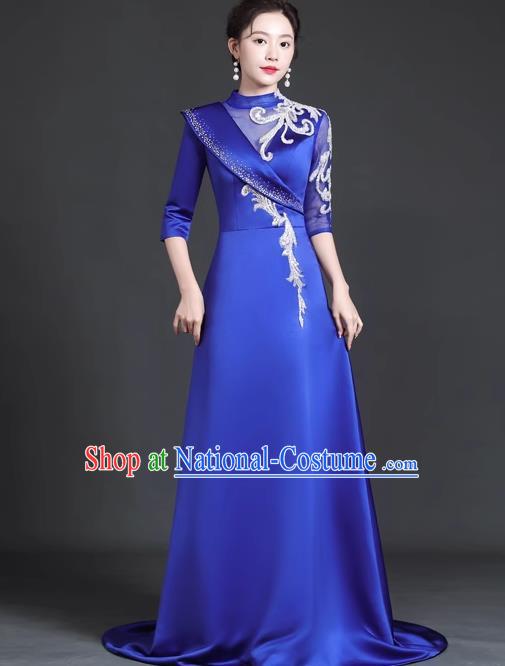 Chinese Style Top Trailing Evening Dress Model Catwalk Cheongsam Performance Costume Guzheng Playing Host Dress Blue