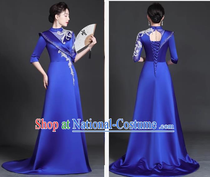 Chinese Style Top Trailing Evening Dress Model Catwalk Cheongsam Performance Costume Guzheng Playing Host Dress Blue