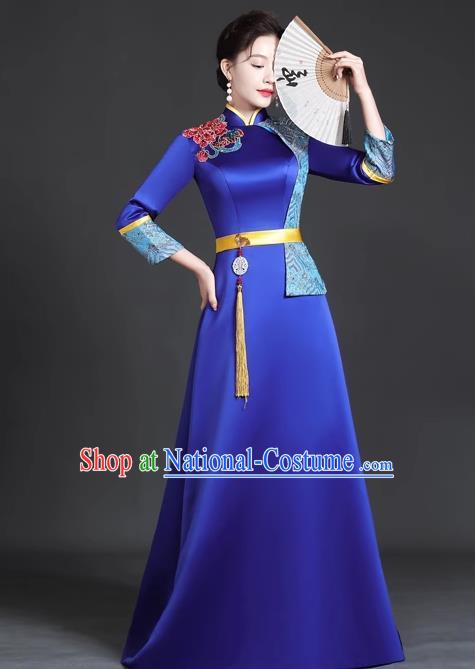 Chinese Style Top Trailing Evening Dress Model Catwalk Cheongsam Performance Costume Guzheng Playing Host Dress Blue