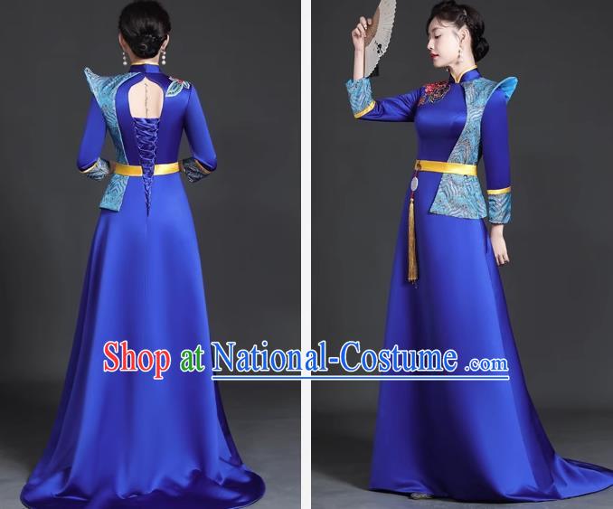 Chinese Style Top Trailing Evening Dress Model Catwalk Cheongsam Performance Costume Guzheng Playing Host Dress Blue