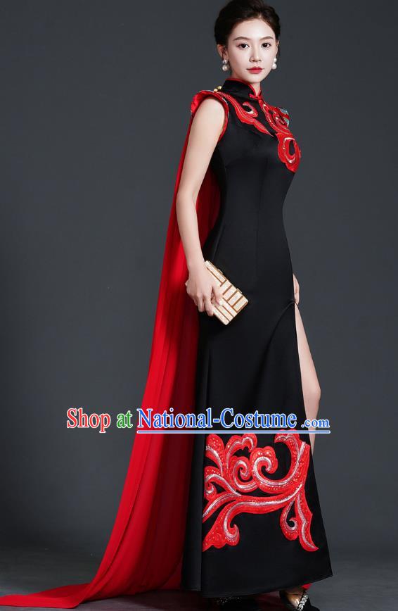 Retro Top Cheongsam Banquet Evening Dress Fishtail Slit Slim Catwalk Costume Cape