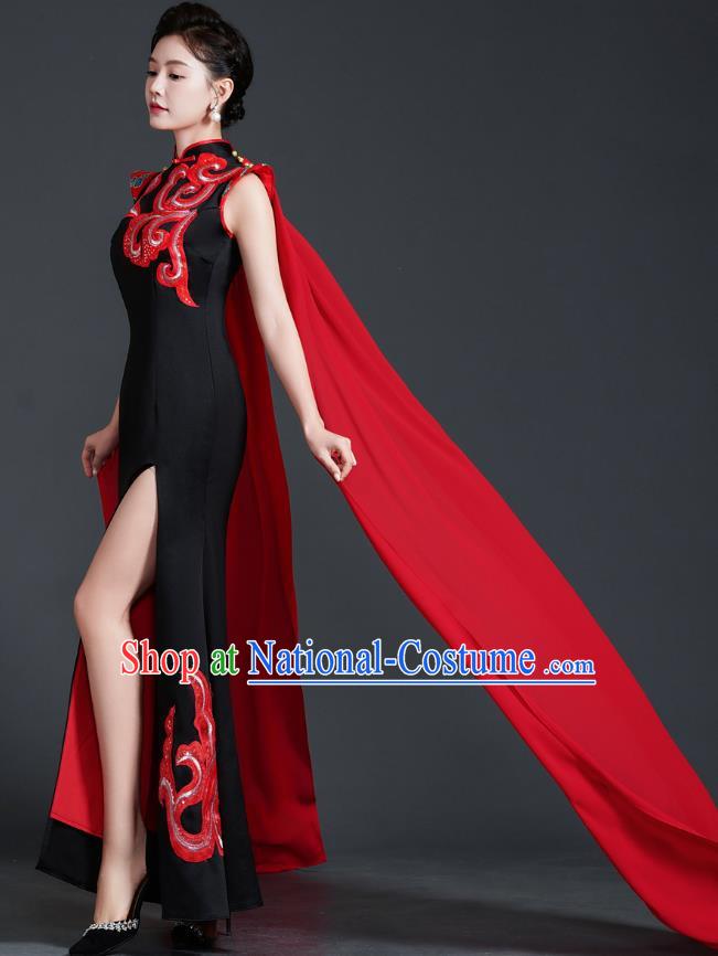 Retro Top Cheongsam Banquet Evening Dress Fishtail Slit Slim Catwalk Costume Cape