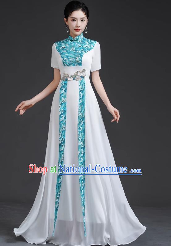 Chinese Style Top Retro Banquet Evening Dress Long White Large Chorus Model Catwalk Costume Chiffon Skirt