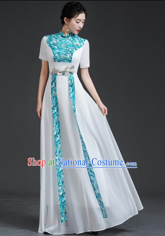 Chinese Style Top Retro Banquet Evening Dress Long White Large Chorus Model Catwalk Costume Chiffon Skirt